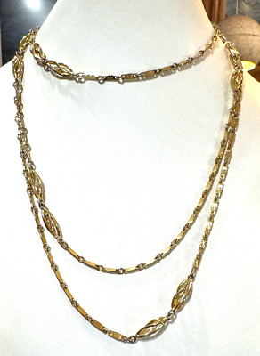 Vintage Long Gold Tone Bar Link Swirl Cage Additions Spring Ring Clasp Necklace