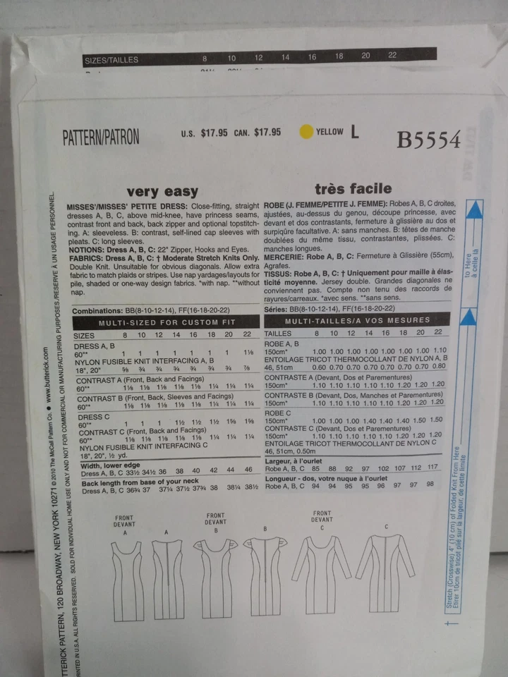 Patrón de costura Butterick 5554. Vestido mujer misses petite. Talla 8, 10, 12, 14 Foto 3 de 3