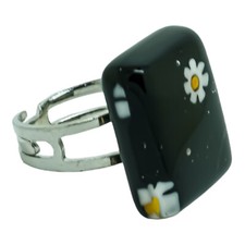 Murano Glass Ring Black White Millefiori Rectangular From Venice 20mm x 15mm Art