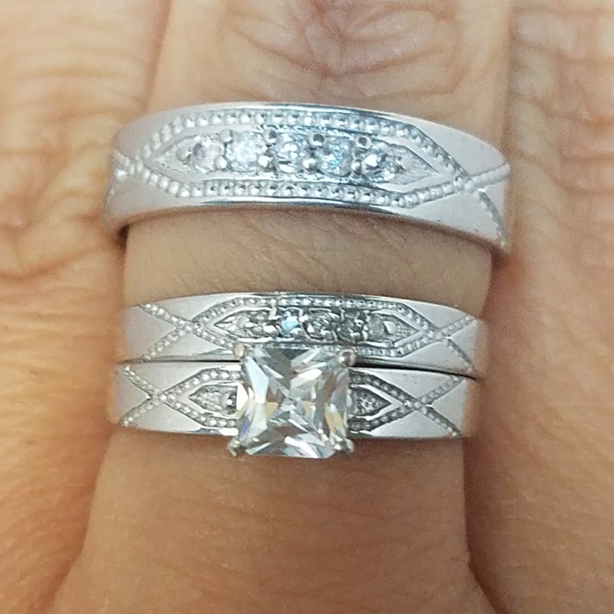 trio 10K White Gold square Engagement Wedding band Ring Set S