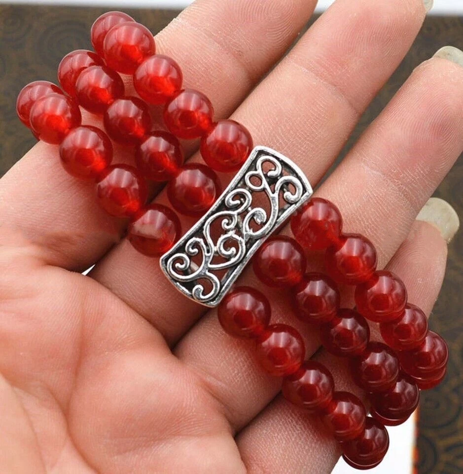 Natural 3 Rows 8mm Red Jade Beads Stretch Tibetan Silver Gems Bracelet 7.5'' AAA - Изображение 4 из 4