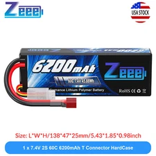 Zeee 2S LiPo Battery 6200mAh 7.4V 60C T Plug Hardcase for RC Car Truck Truggy