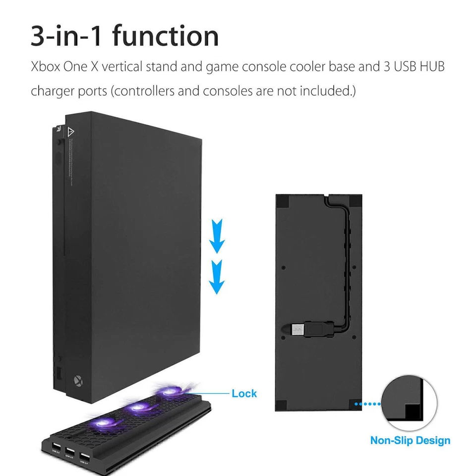 For Xbox One X Console Large Air Volume Cooling Fan 3 Ports Vertical Stand Dock - Image 3 of 4
