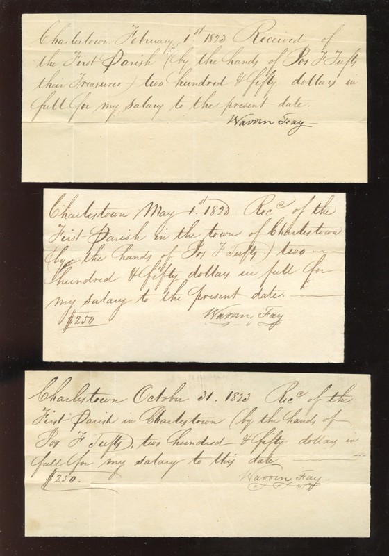 (3) 1823 Pay Receipts WARREN FAY Pastor First Congregational Church, CHARLESTOWN