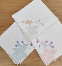 Lot Of 3 White Cotton Embroidered Pastel Flower Hankies Handkerchiefs
