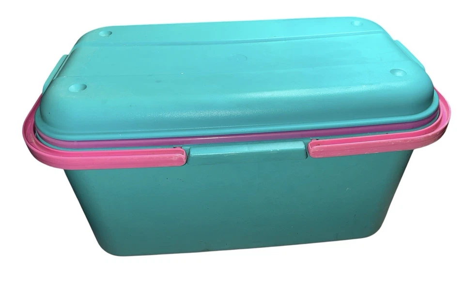 Vtg Eagle Craftstor Craft Sew Tote Organizer W/Tray Teal Pink Purple Retro USA - Image 2 of 4