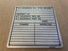 Vintage B.F. GOODRICH Tire Co Aluminum Metal Sign Tag TOOL RECORD Akron OH #22