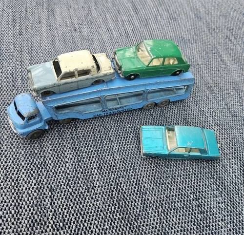 Matchbox Lesney Car Transporter, 3 Vintage UK Cars, Hillman, MG 1100 & Cortina