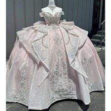 Pink Quinceanera Dresses Bow Sweetheart Corset Glitter Lace Appliques Ball Gown