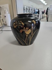 Yamaji Black, Gold, Silver Iris Dragonfly Japanese Vase 1979