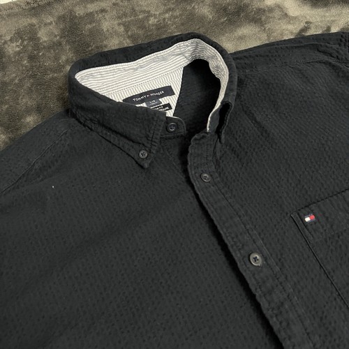 Tommy Hilfiger Men’s Custom Fit Large Seersucker Shirt Short Sleeve Navy Blue