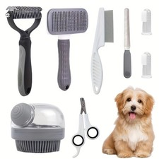 8PCS Dog Grooming Kit - Self Cleaning Brush, Nail Clippers, Comb & File
