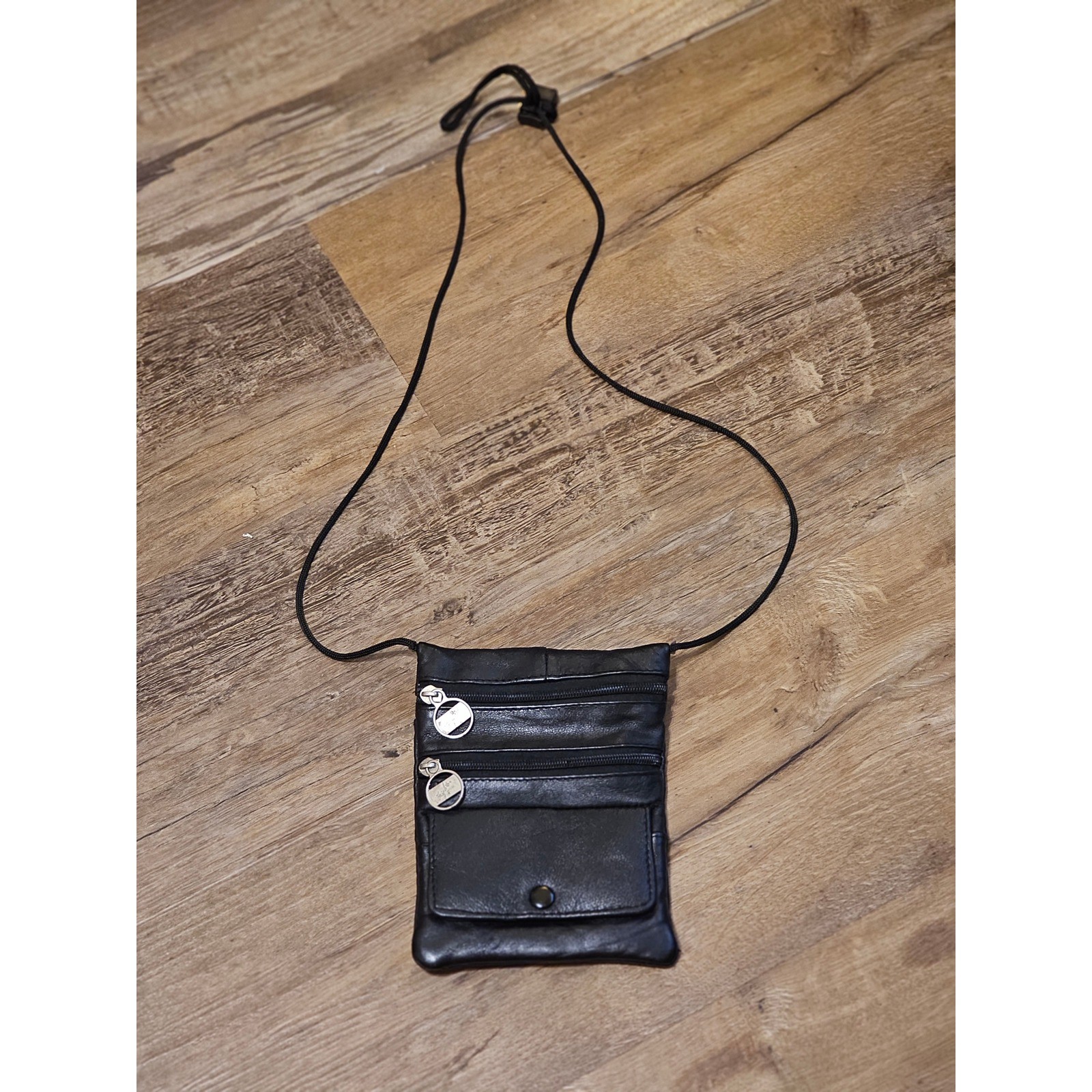 Black Genuine Leather Crossbody Neck Pouch Travel Bag Small Multi Zip Wallet