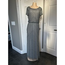 Adrianna Papell Silver Blue Beaded Mesh Formal Gown Size 12