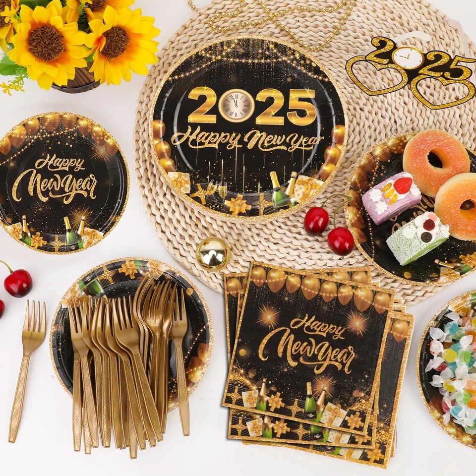 Juego de 80 platos y servilletas de Año Nuevo 2026 - Sirve a 20 invitados dorado y negro H... Foto 3 de 4