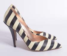 Valentino Women Black White Pumps 100% Leather Striped High Heel Shoes EUR 40.5