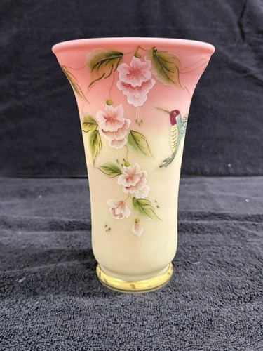 Fenton Burmese Vase Hand Painted Roses/ Hummingbird Limited Edition 1954/2500