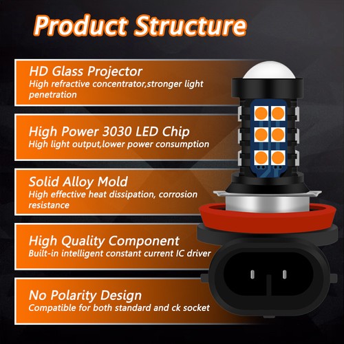 2X H11 H9 H8 3000K Amber Yellow LED Bulb SMD 3030 Fog Driving Light Super Bright - Picture 2 of 8
