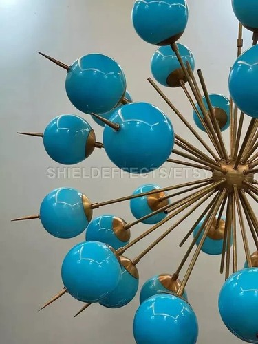 1950's Brass Turquoise Blue Glass Dome Polished Sputnik Chandelier Urchin Italia - Picture 2 of 11