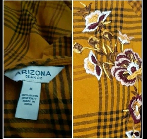 Arizona Jean Women Top Medium Yellow Plaid Blouse Floral Embroidered Peplum Hem - Picture 2 of 5