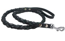 Black 4-thong Round Fully Braided Genuine Leather Dog Leash, 4Ft Large Breeds