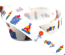 3 yards 7/8" Party Themed Pattern on White Grosgrain Ribbon 100 polyester