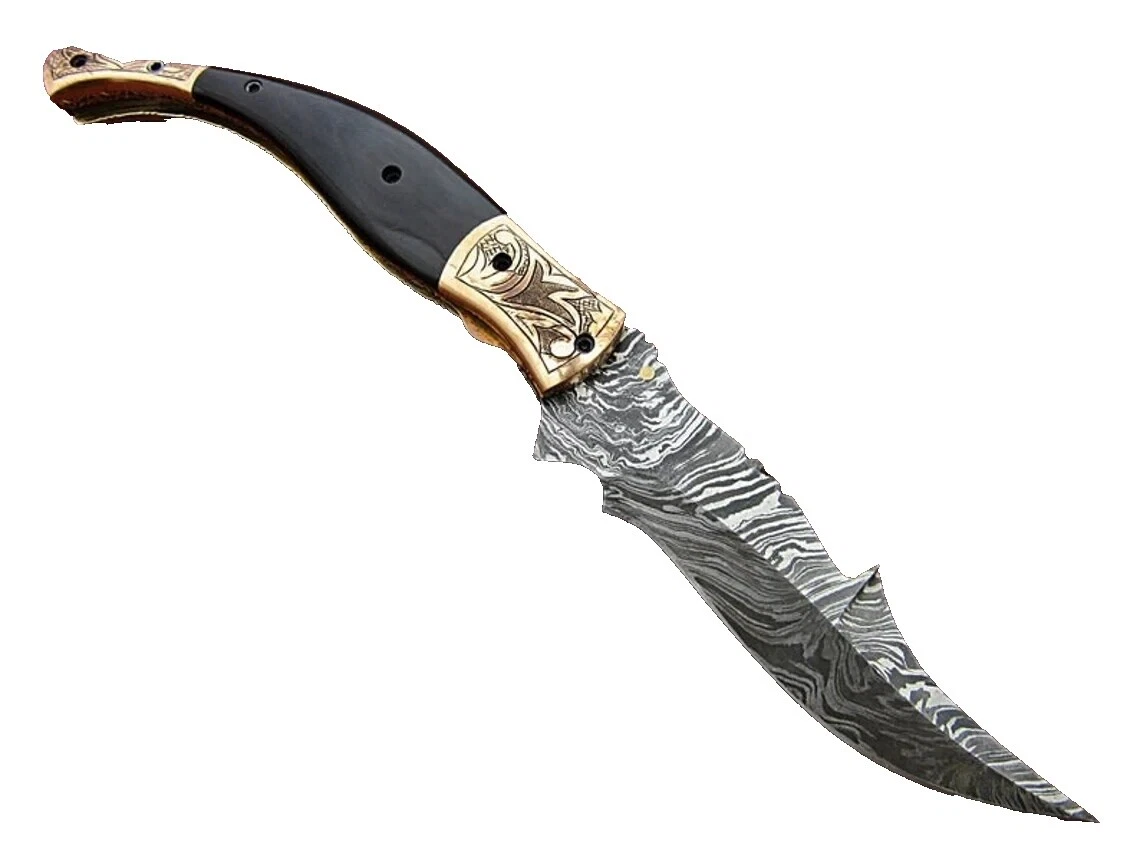 Damascus Steel Blade Pocketknife Horn Handle Collectible Folding Knives