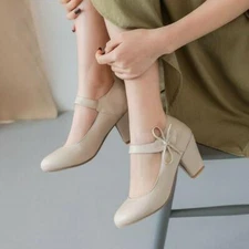 New Womens Mary Jane Chunky Heel Bow Strap Dress Pumps Casual OL Shoes plus size