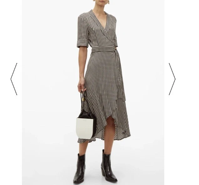 GANNI Black White Gingham crepe wrap dress eBay