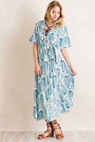 Blue White Paisley ENTRO BOHO Peasant Low Cut Flutter Sleeve Midi Wrap Dress - Picture 2 of 6