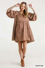 Umgee Women's size L Mocha Dot Babydoll Dress Half Balloon Sleeve Back Keyhole