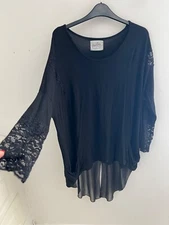 Post Card Size XL Black Tunic Blouse Lace Sleeve Sheer Hem Pockets