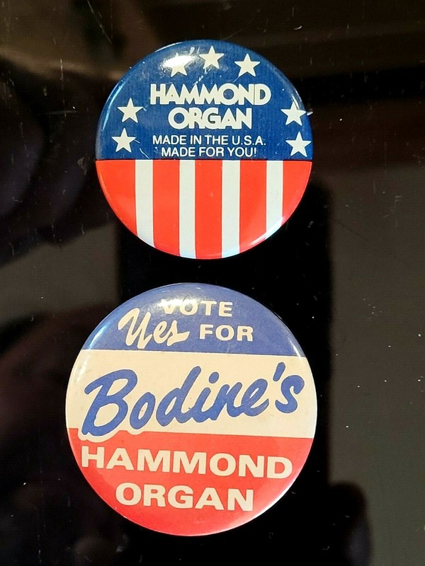 2) Vintage HAMMOND ORGAN Pinback Buttons ~ Red White & Blue