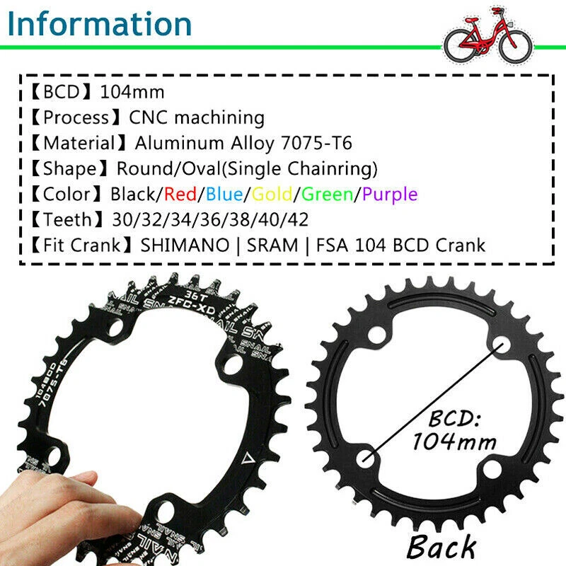 104BCD Bike Chain Ring 30-42T Mountain Bicycle Single Chainring MTB Round Oval - Image 3 of 4