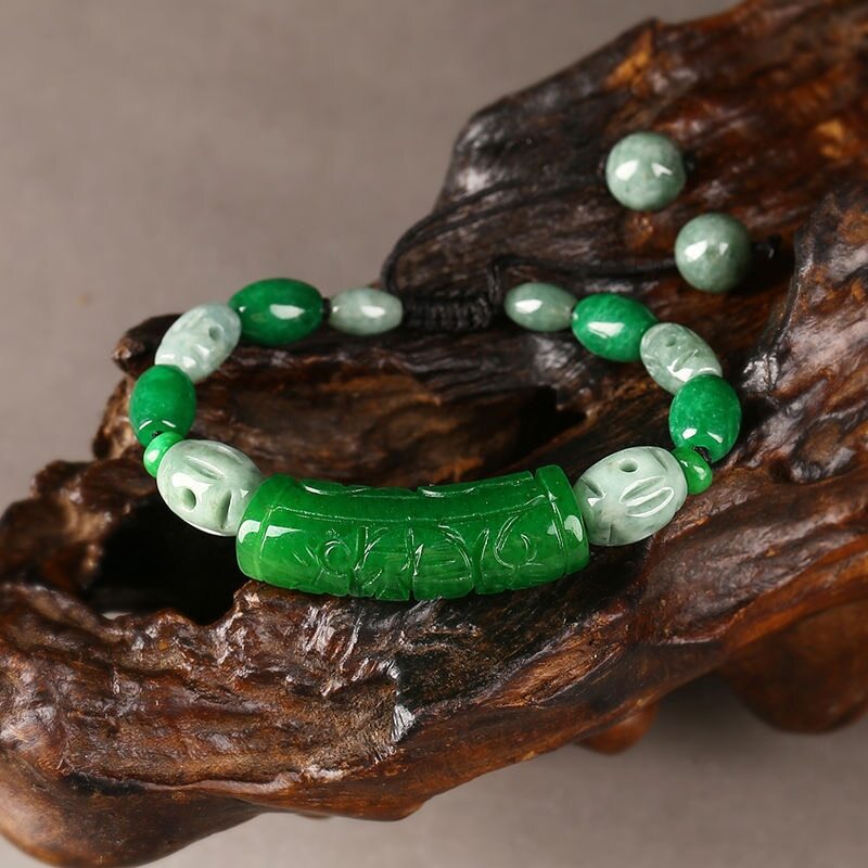 Natural Green Jade Carved Beads Elastic Adjustable Bracelet Hand-Carved Amulet