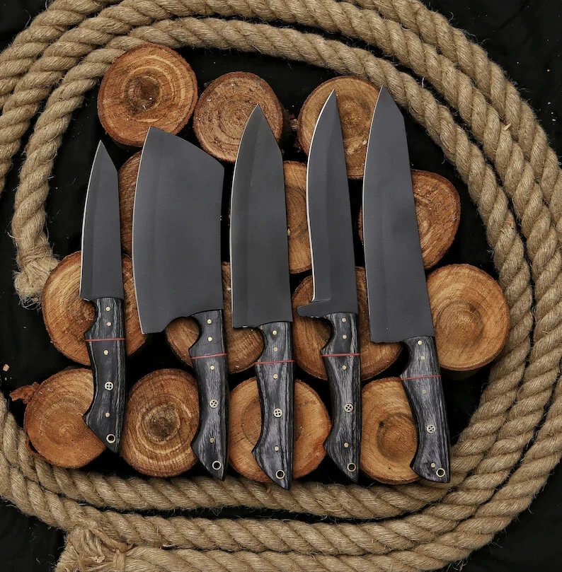 JUEGO DE 5 CUCHILLOS DE COCINA CUCHILLOS DE CHEF DE ACERO AL CARBONO FORJADO HECHO A MANO PERSONALIZADO Foto 2 de 4