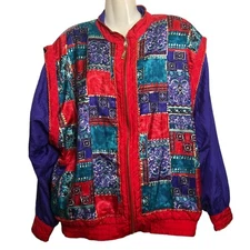 Lavon Vintage Jacket Large Red Blue Metallic Embroidered Quilted Patchwork Look