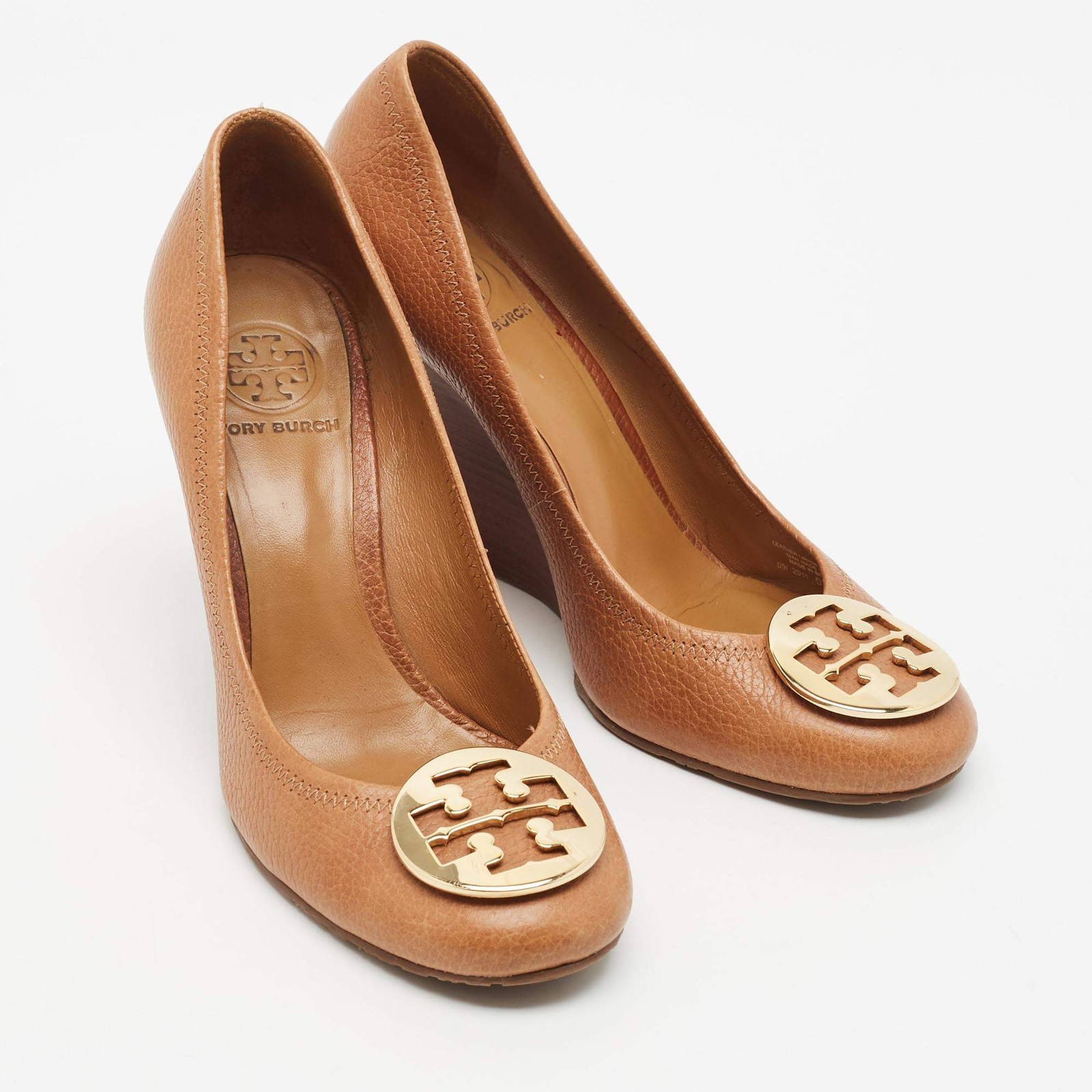 Tory Burch Sally 2 Size 39 Brown Leather Wedge Pumps image 4