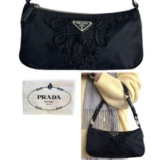 PRADA Handbag Black Leather Nylon Embroidery Unisex From Japan