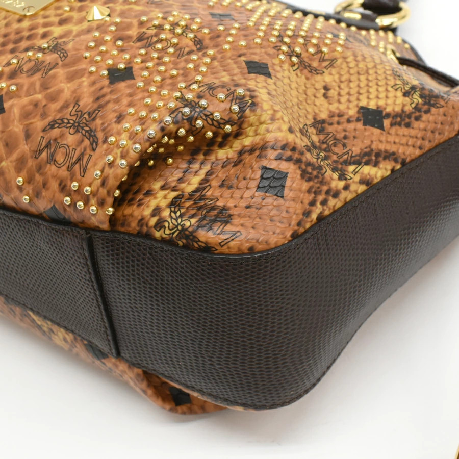 MCM Python Embossed Leather Handbag Brown 21in 32… - image 5