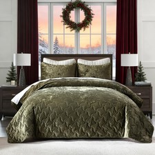 Luxury Velvet Quilt Set Queen Size Bedding, Olive Green Comforter Set, Ultra-...