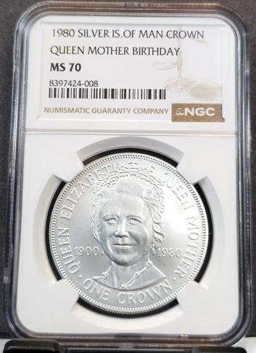 1980 ISLE OF MAN SILVER CROWN QUEEN MOTHER NGC MS 70 EXTREMELY RARE POP 1
