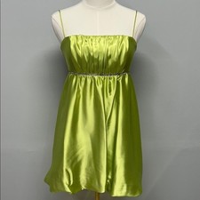 Y2K Lime Green Satin Mini Dress Spaghetti Strap Empire Waist Rhinestone Prom