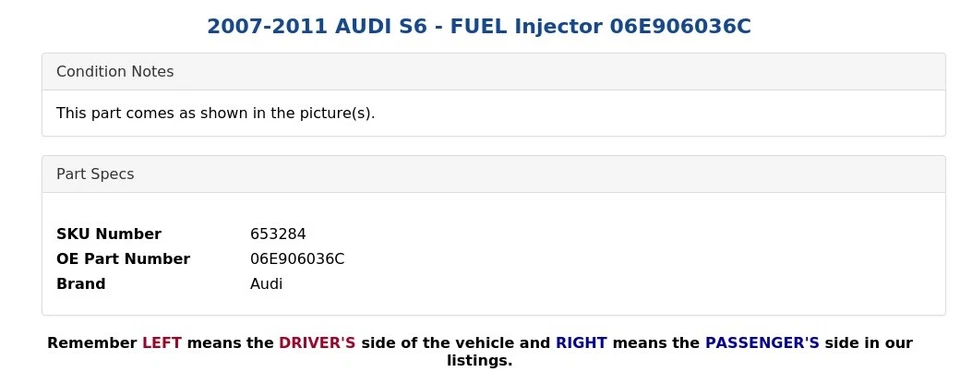 AUDI S6 2007-2011 - Inyector de combustible 06E906036C Foto 3 de 4