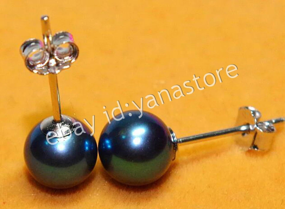 Perfekt Echter Natürlich Rund Schwarz Südsee Perle Ohrstecker 14K Weißgold - Bild 3 von 4