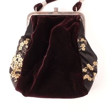 Elegant Burgundy Velvet Black Floral Embroidered Kiss Lock Evening Clutch