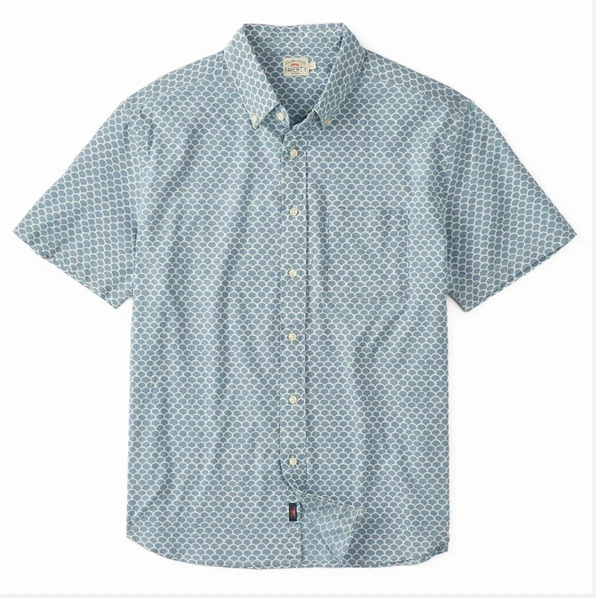 Faherty Playa Fish Scale Print Shirt Mens Blue Stretch Short Sleeve Shirt XL