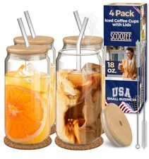SCOOZE Drinking Glass Cups With Bamboo Lids and Glass Straw 4pcs Set 18oz Cups