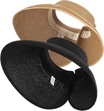 2Pcs Foldable Straw Sun Visor Hats,Wide Brim Ponytail Summer Beach Hat