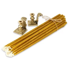 Set of 2 Engraved Brass Byzantine Candle Holders and 20 Beeswax Candles